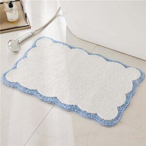 Microfiber Bath Rug White Blue Scalloped Piping Non Slip Absorbent Mat Bathroom
